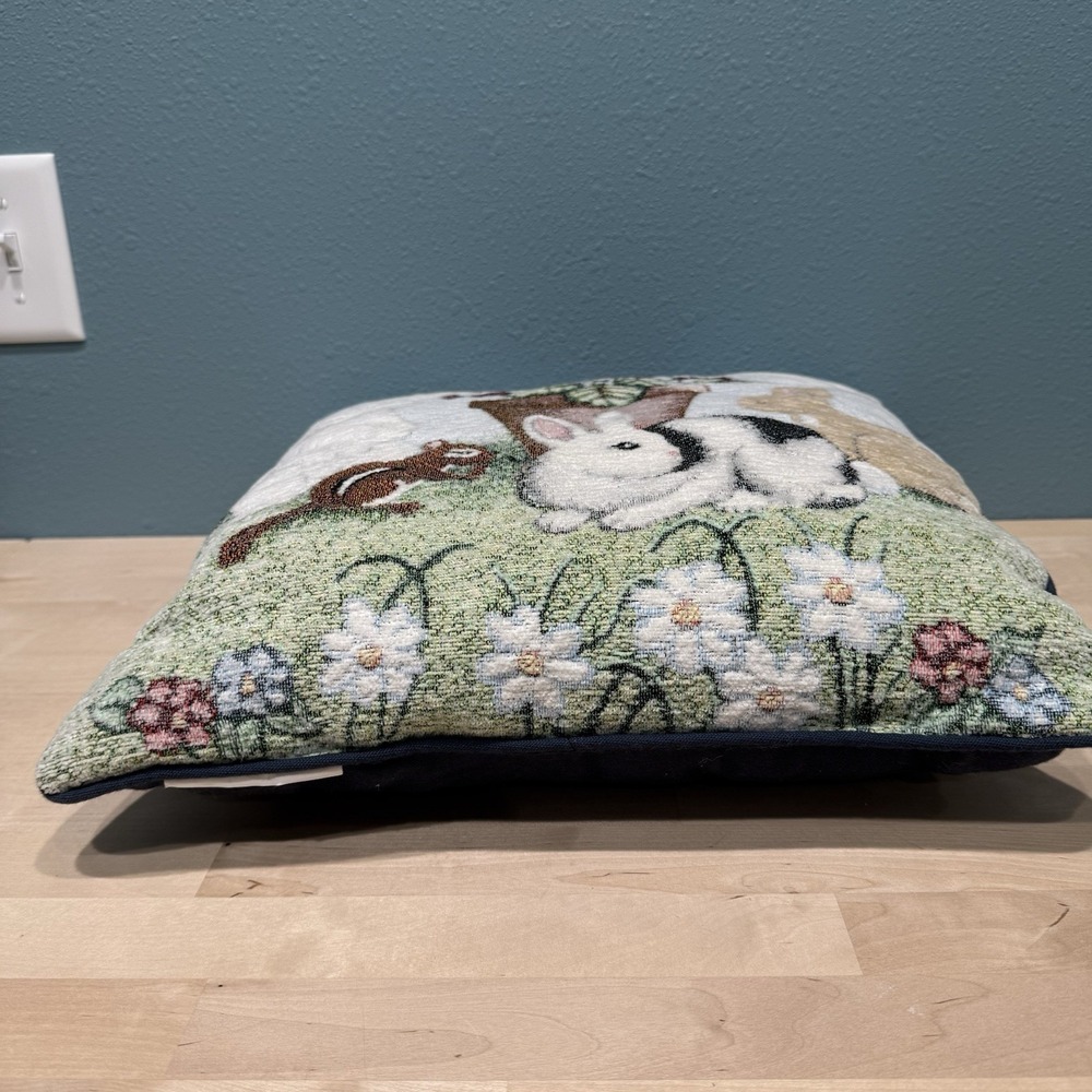 Bunny Rabbit Throw Pillow Soft Tapestry Floral Spring Summer Garden 16x16 Blue - Picture 7 of 10